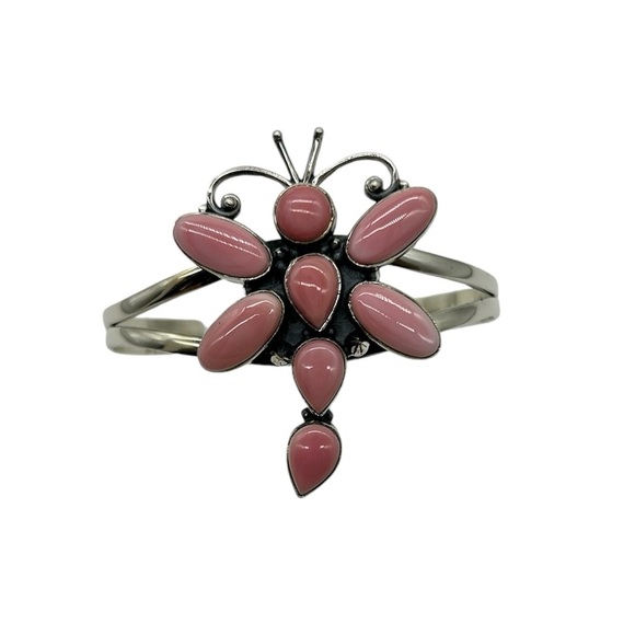 925 Sterling Silver Butterfly Dragonfly Natural Pink Conch Cuff Bracelet - Picture 7 of 8